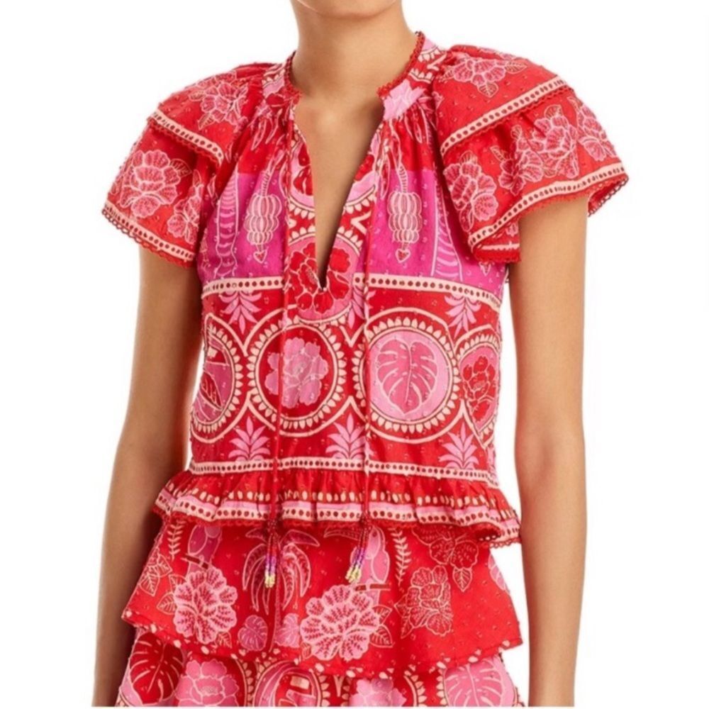 FARM Rio Floral Print Cotton Blouse in Summer Sunrise Size XL